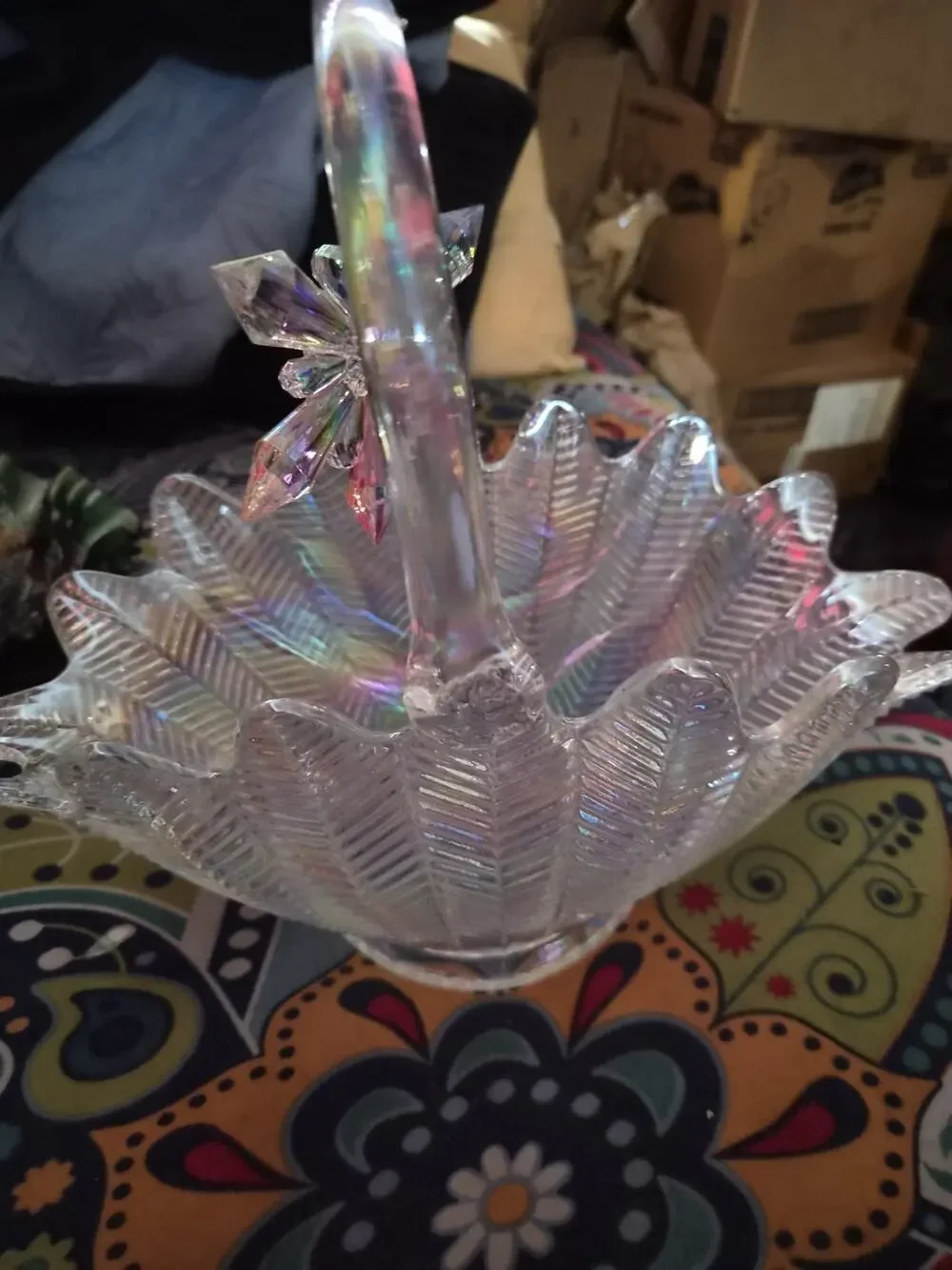 Vintage LE Smith Feather And Fern Crystal Lustre Carnival Glass Basket With